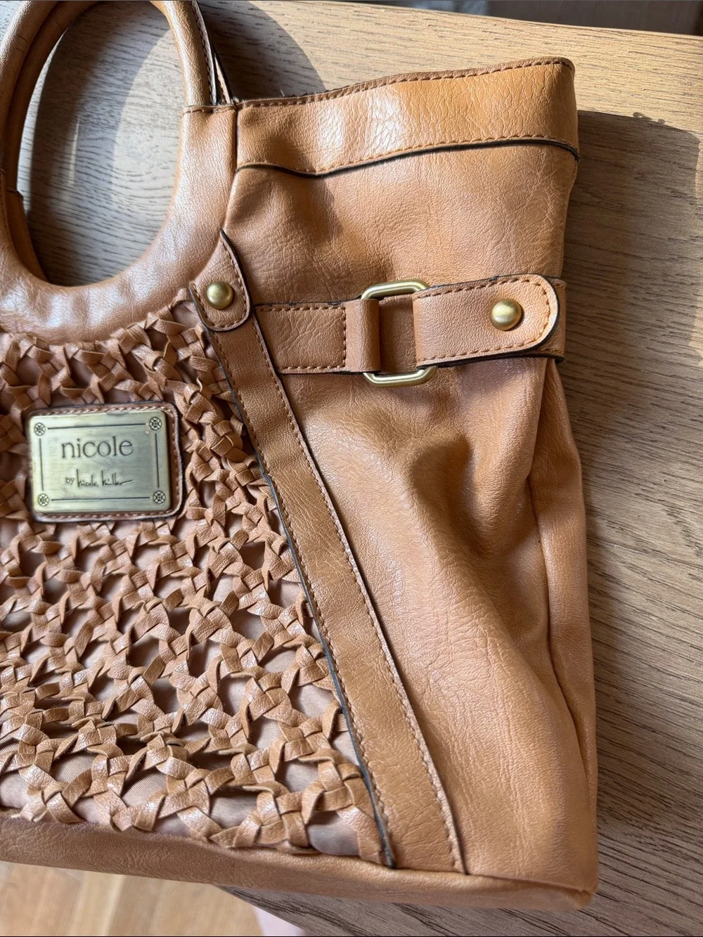 VTG Nicole by Nicole Miller Tan Woven Tote with Round Handles
